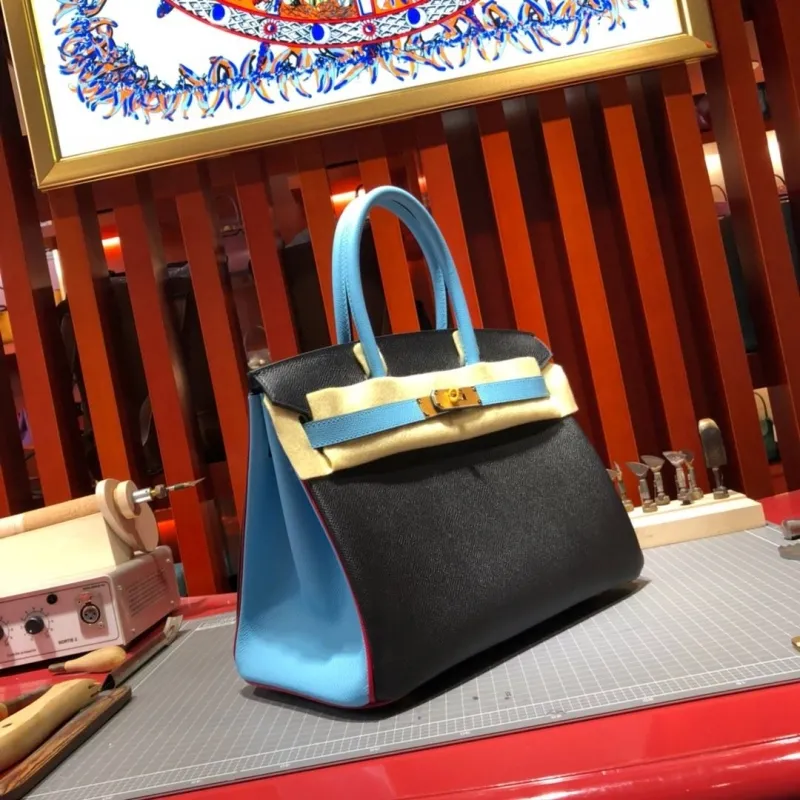 Hermes Birkin Black and Light Blue Leather Handbag 93 - Image 3