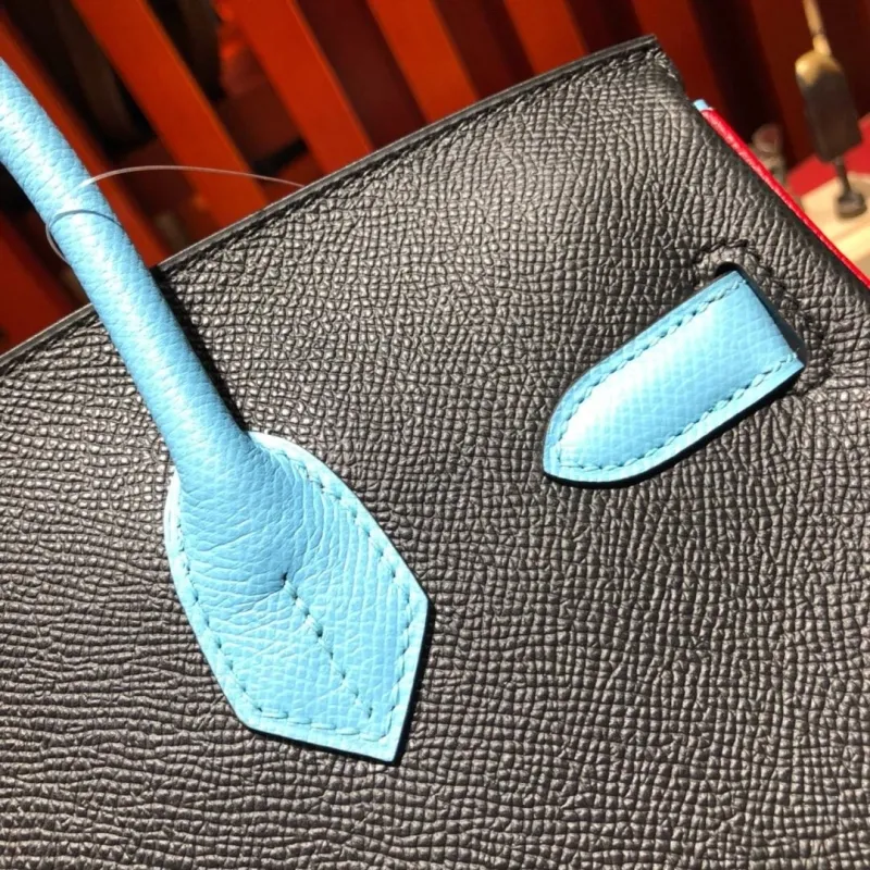 Hermes Birkin Black and Light Blue Leather Handbag 93 - Image 5