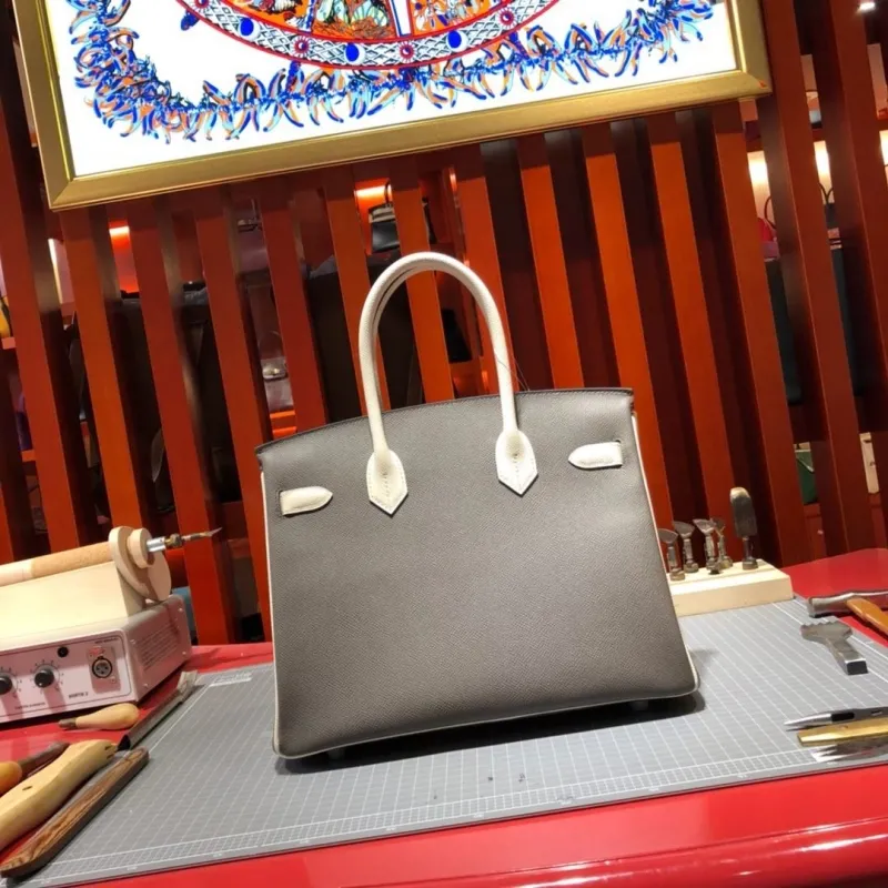 Hermes Birkin Gray White Leather Handbag - Image 6