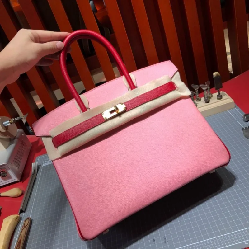 Hermes Pink Red Birkin Leather Handbag