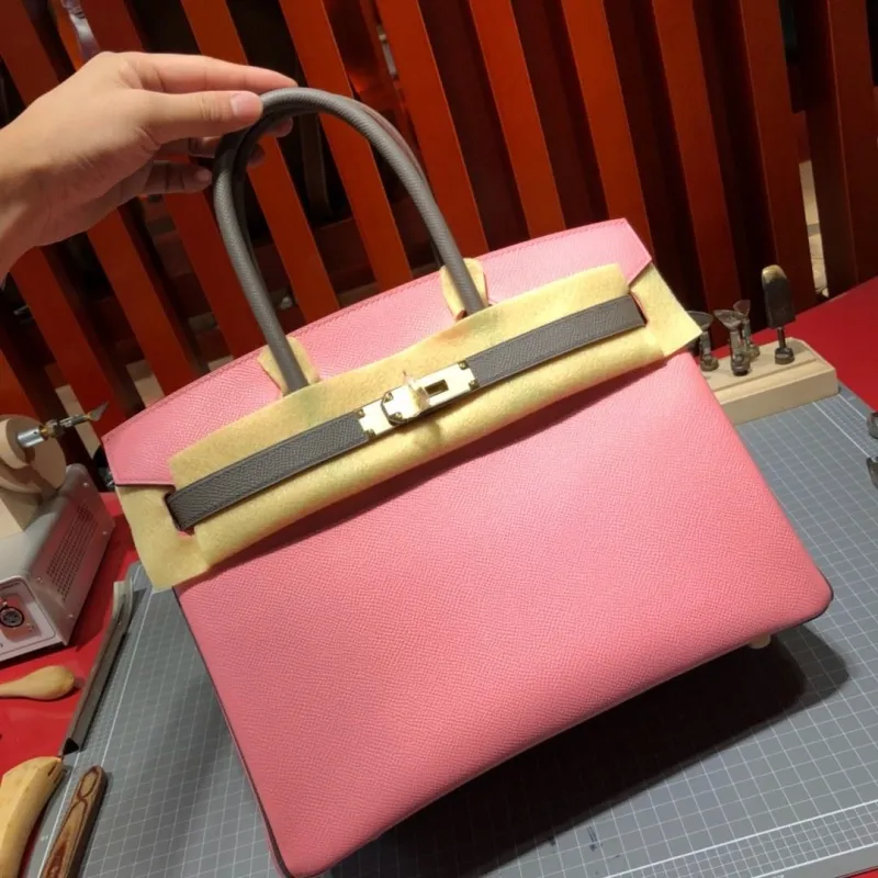 Hermes Pink and Gray Birkin Leather Handbag