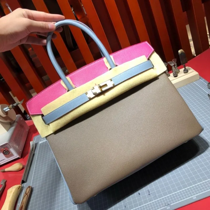 Hermes Birkin Leather Handbag Taupe Pink Blue 99