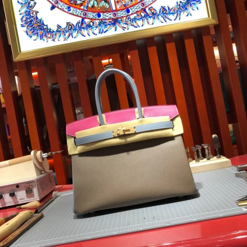 Alternative view of Hermes Birkin Leather Handbag Taupe Pink Blue 99