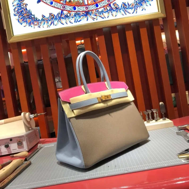 Hermes Birkin Leather Handbag Taupe Pink Blue 99 - Image 3