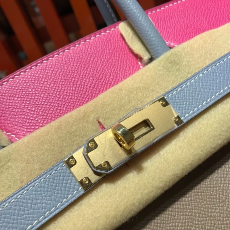 Hermes Birkin Leather Handbag Taupe Pink Blue 99 - Image 5