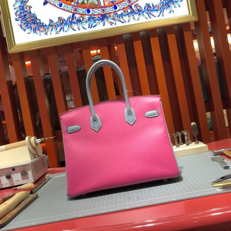 Hermes Birkin Leather Handbag Taupe Pink Blue 99 - Image 6