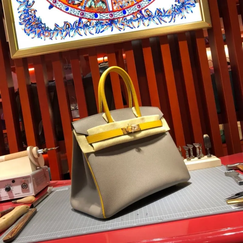 Hermes Gray Yellow Birkin Leather Handbag - Image 3
