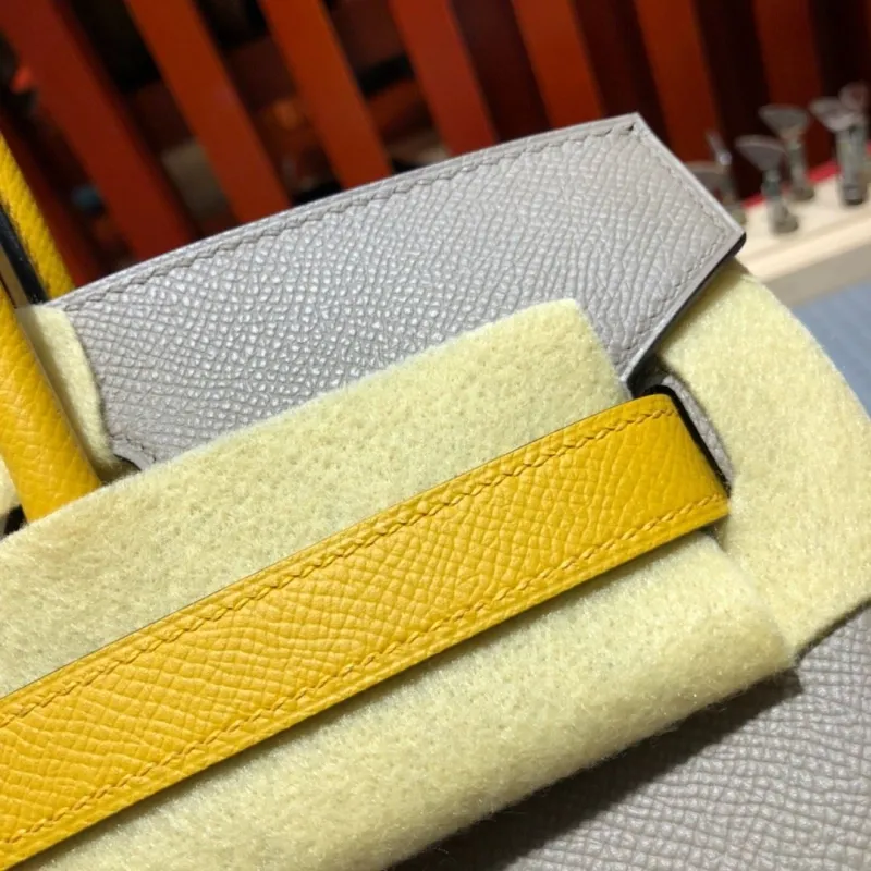 Hermes Gray Yellow Birkin Leather Handbag - Image 4