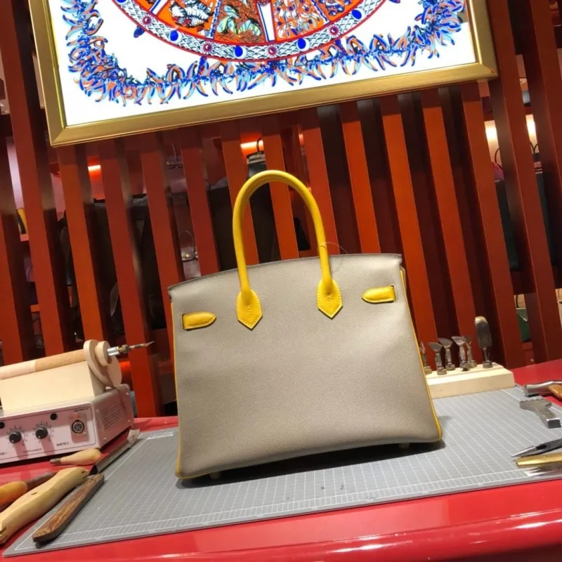 Hermes Gray Yellow Birkin Leather Handbag - Image 5