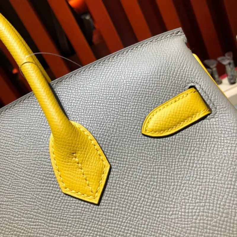 Hermes Gray Yellow Birkin Leather Handbag - Image 6
