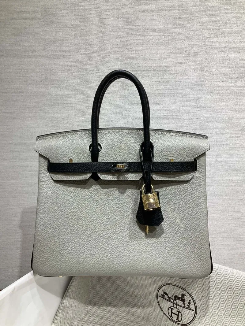 Hermes Gray Black Birkin Leather Handbag
