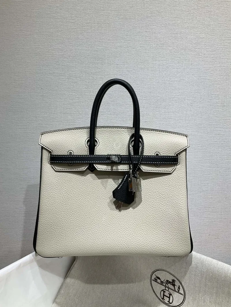Hermes Cream and Black Birkin Leather Handbag