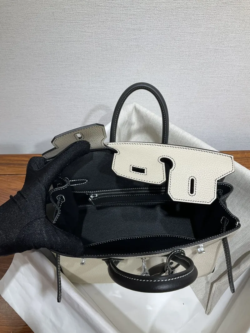 Hermes Cream and Black Birkin Leather Handbag - Image 8