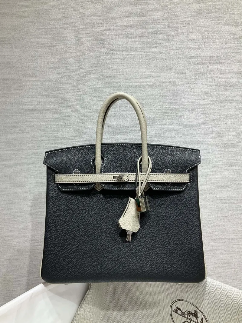 Hermes Black and Cream Birkin Leather Handbag