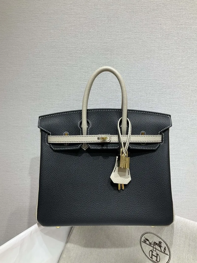 Hermes Black and Cream Leather Birkin Handbag