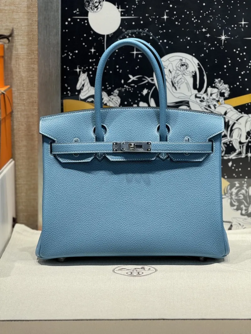 Hermes Blue Leather Birkin Handbag - Image 8