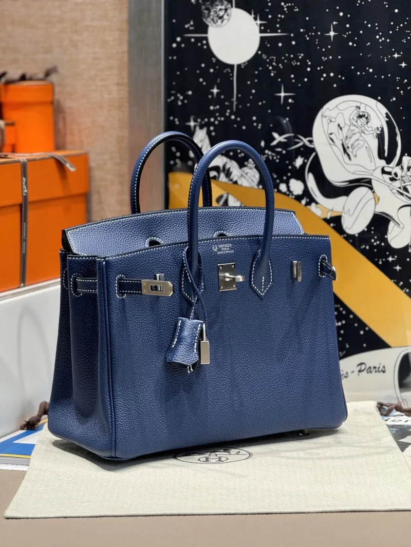 Hermes Dark Blue Leather Birkin Handbag - Image 5