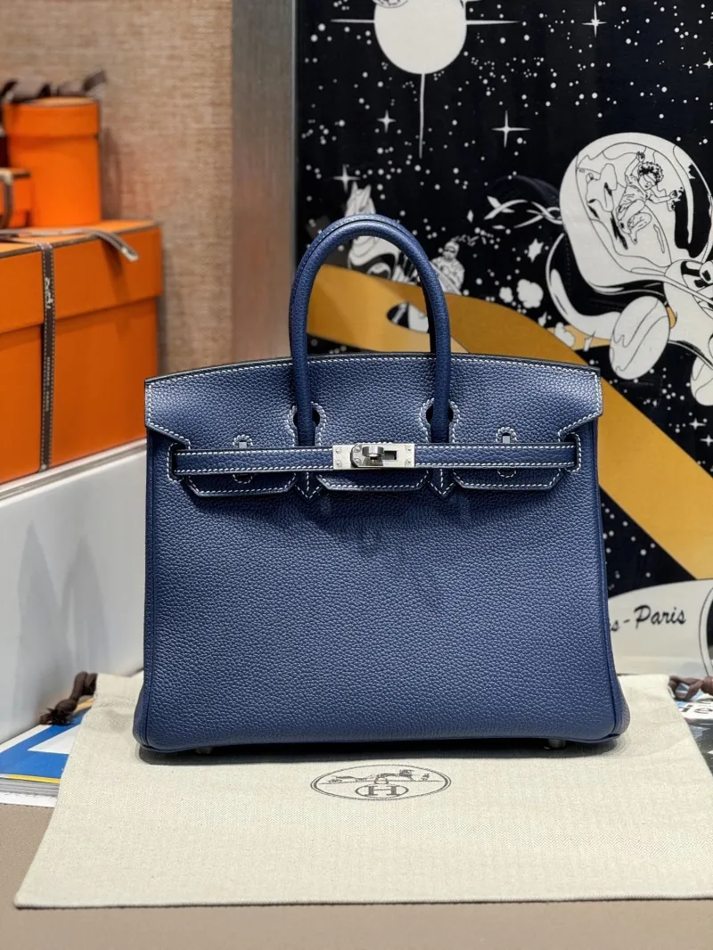 Hermes Dark Blue Leather Birkin Handbag - Image 9