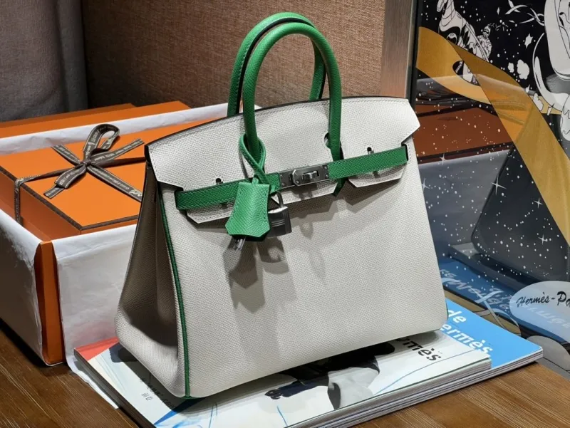 Hermes Birkin White Green Leather Handbag 137