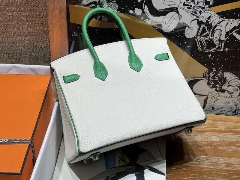 Hermes Birkin White Green Leather Handbag 137 - Image 3