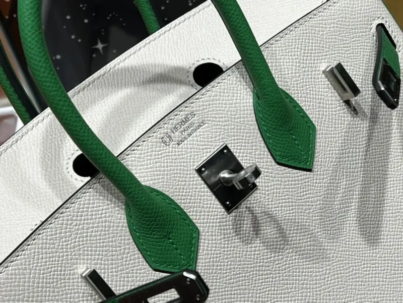 Hermes Birkin White Green Leather Handbag 137 - Image 5
