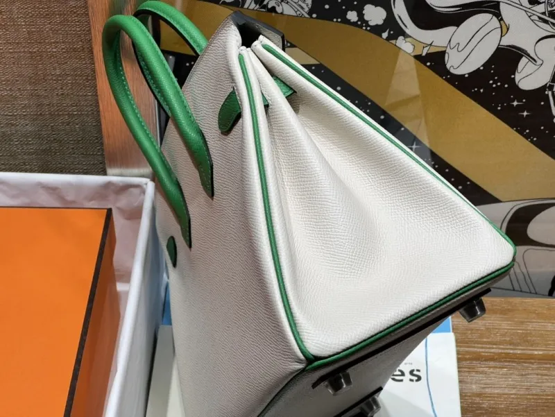 Hermes Birkin White Green Leather Handbag 137 - Image 6