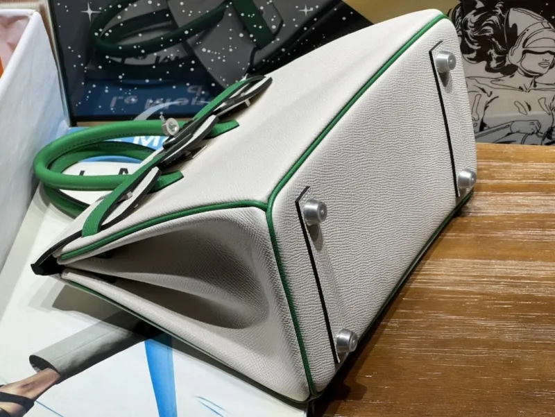 Hermes Birkin White Green Leather Handbag 137 - Image 7