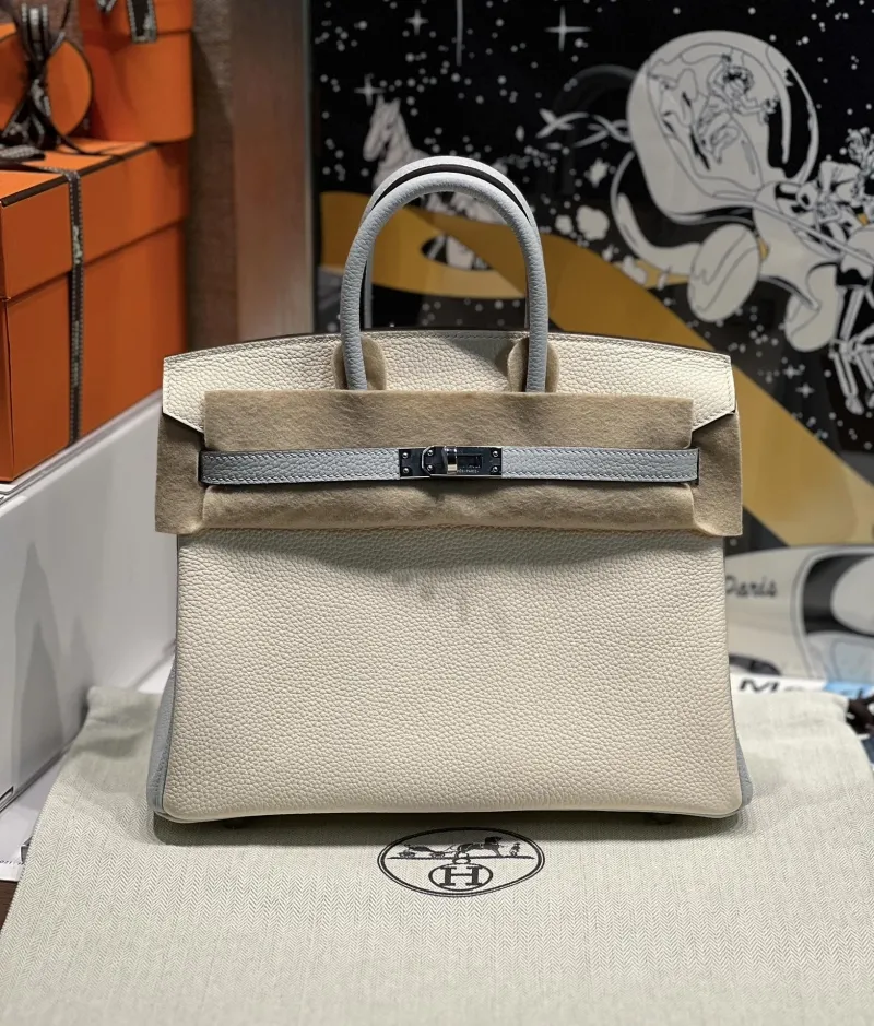 Hermes Birkin 138 Off-white Light Blue Leather Handbag