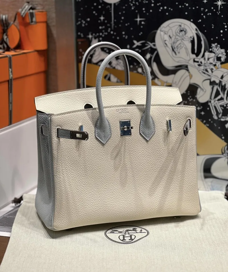 Hermes Birkin 138 Off-white Light Blue Leather Handbag - Image 4