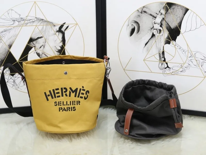 Hermes Yellow Canvas Bucket Crossbody Bag - Image 3