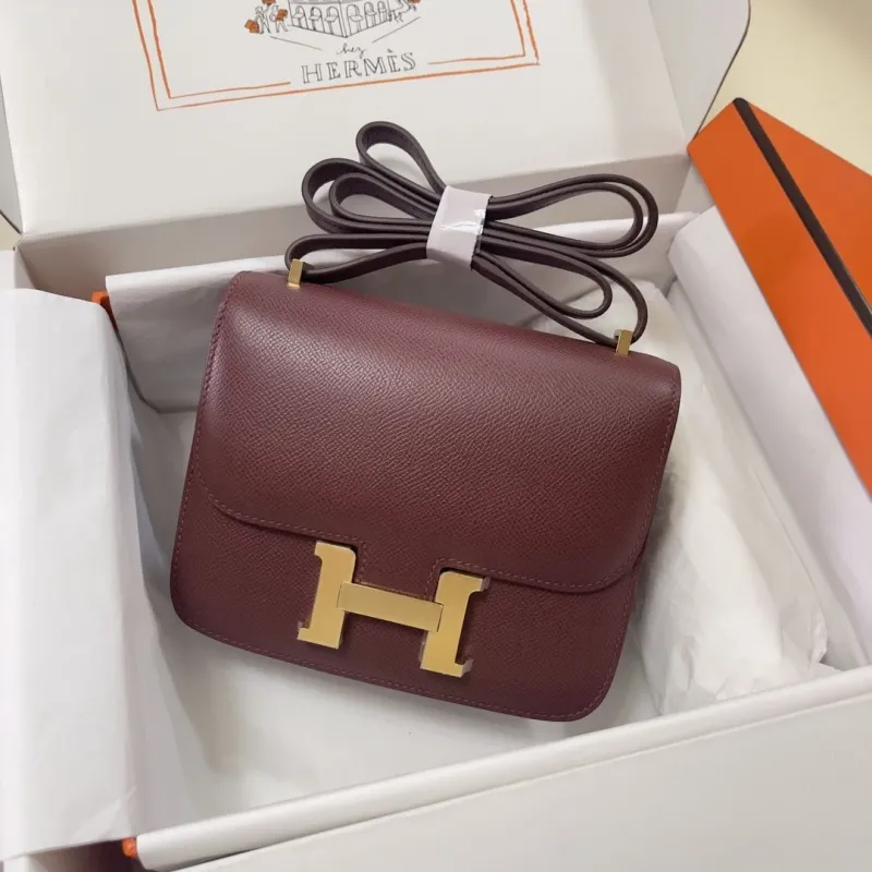 Hermes Constance Burgundy Leather Crossbody Bag