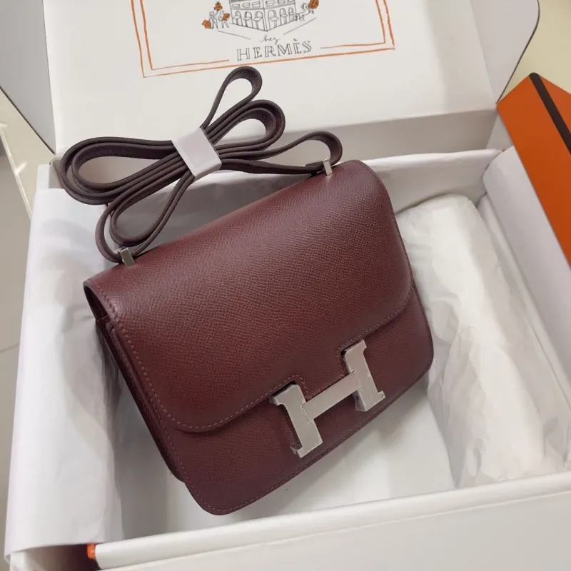 Hermes Constance Burgundy Leather Crossbody Bag