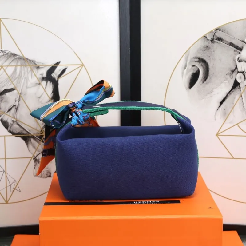 Hermes Navy Blue Cosmetic Bag with Silk Scarf - Image 3