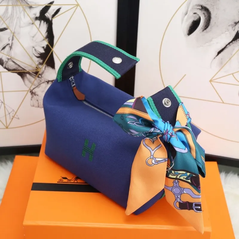 Hermes Navy Blue Cosmetic Bag with Silk Scarf - Image 6