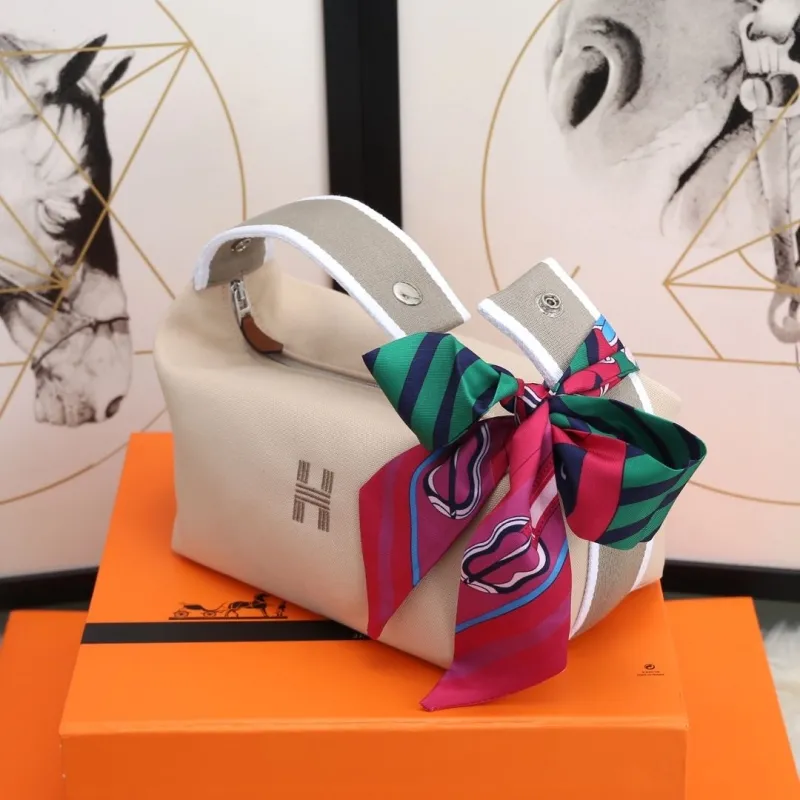Hermes Beige Cosmetic Bag with Silk Scarf - Image 5