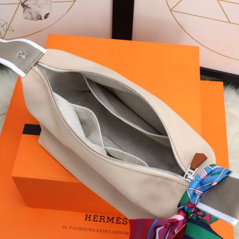 Hermes Beige Cosmetic Bag with Silk Scarf - Image 6