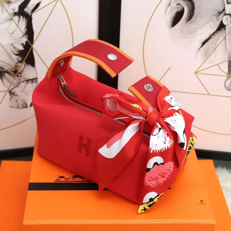 Hermes Red Cosmetic Bag with Silk Scarf - Image 6
