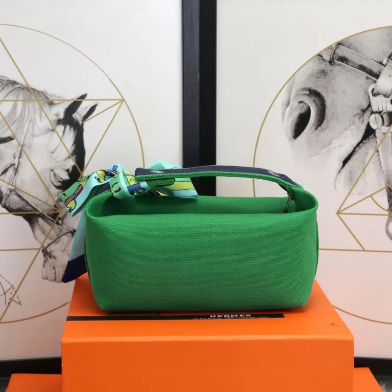 Hermes Green Cosmetic Bag with Silk Scarf - Image 3