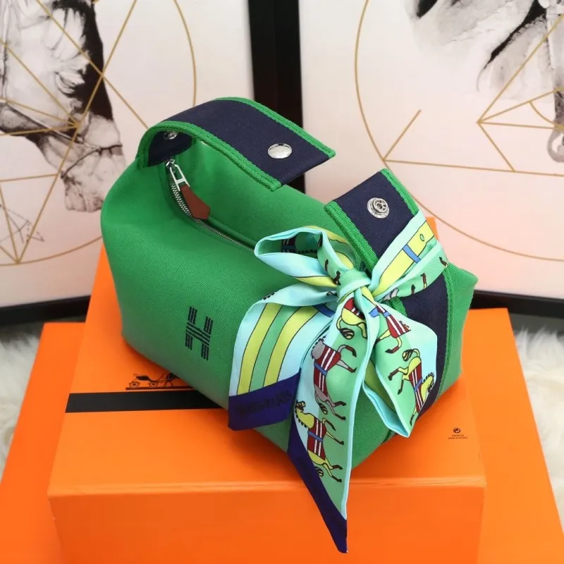 Hermes Green Cosmetic Bag with Silk Scarf - Image 6