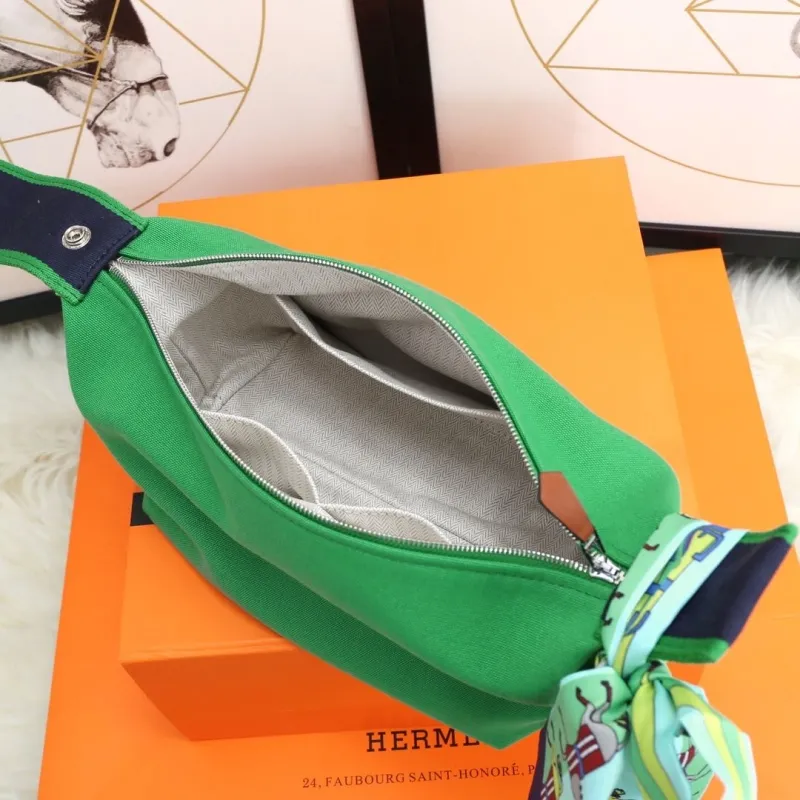 Hermes Green Cosmetic Bag with Silk Scarf - Image 7
