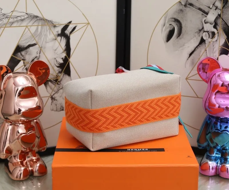 Hermes Beige Canvas Cosmetic Bag with Orange Handle - Image 4