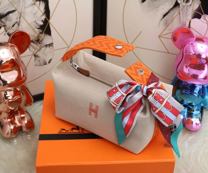 Hermes Beige Canvas Cosmetic Bag with Orange Handle - Image 6