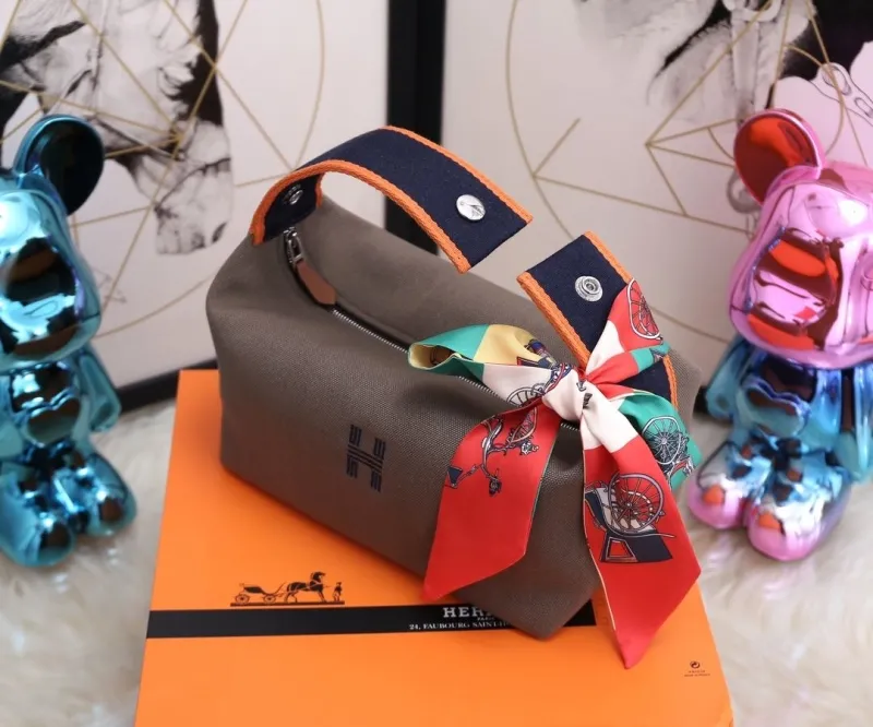 Hermes Gray Cosmetic Bag with Decorative Silk Scarf - Image 6