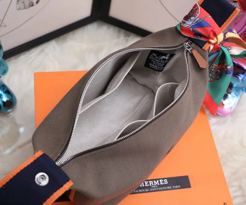 Hermes Gray Cosmetic Bag with Decorative Silk Scarf - Image 9