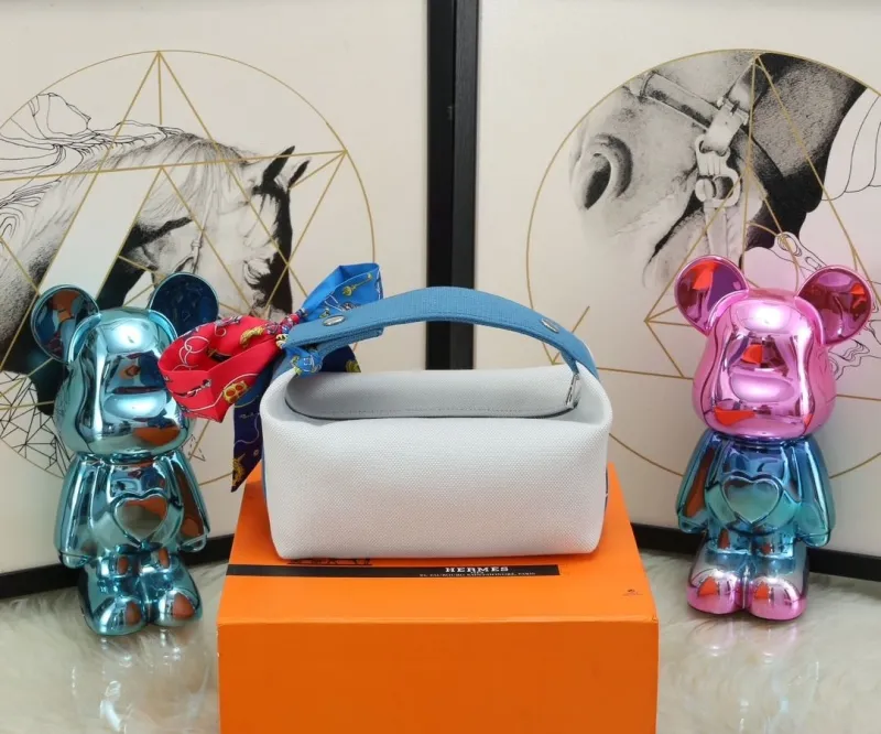 Hermes White Cosmetic Bag with Silk Scarf - Image 3