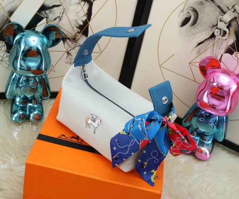 Hermes White Cosmetic Bag with Silk Scarf - Image 6