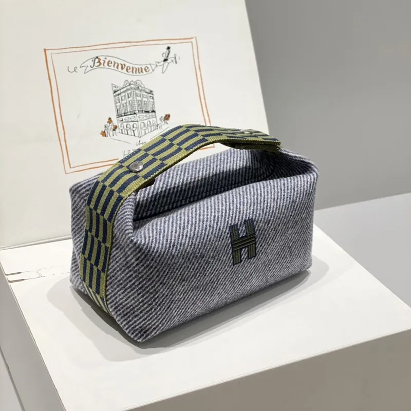 Hermes Gray Striped Cosmetic Bag - Image 3