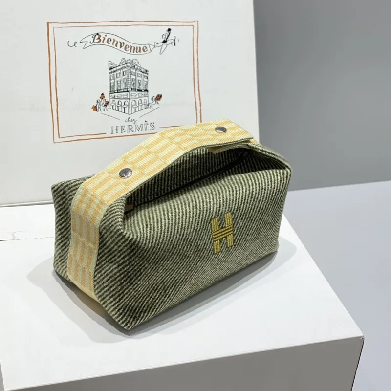 Hermes Green Striped Cosmetic Bag - Image 3