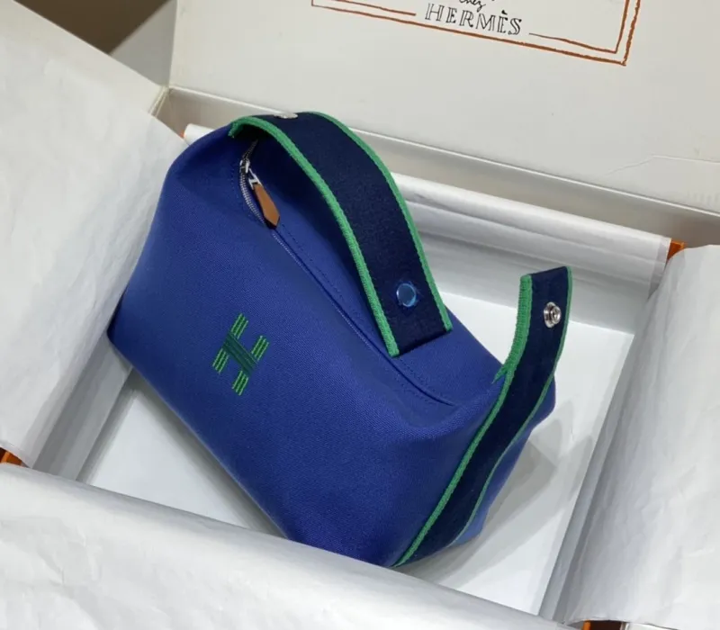 Hermes Blue Canvas Cosmetic Bag - Image 3