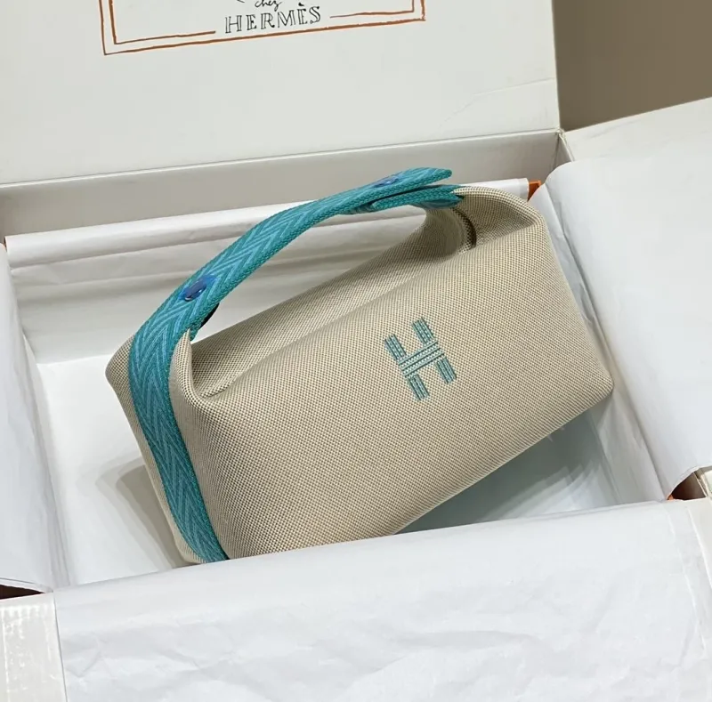 Hermes Beige Turquoise Canvas Cosmetic Bag